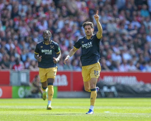 LONDON, ENGLAND - MAY 02: Konstantinos Mavropanos of West Ham United celebrates after scoring before goal disallowed for offside by VAR during the Premier League match between Brentford and West Ham United at Gtech Community Stadium on May 02, 2026 in London, England. Copyright: xJayxPatel SPPx Sportspressphoto_SPR139503