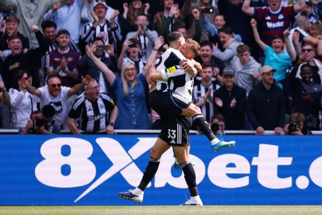 Newcastle United v Brighton & Hove Albion, Premier League Bruno Guimaraes of Newcastle United celebrates with goal scorer Dan Burn of Newcastle United 2-0 during the Newcastle United v Brighton & Hove Albion Premier League match at St. James Park, Newcastle Upon Tyne, England on 2 May 2026 Credit: Craig Cowan Every Second Media Editorial use only. All images are copyright Every Second Media Limited. No images may be reproduced without prior permission. All rights reserved. Premier League and Football League images are subject to licensing agreements with Football DataCo Limited. see https: www.football-dataco.com Copyright: xIMAGO EveryxSecondxMediax ESM-1970-0076 CraigxCowanx xEveryxSecondxMediax