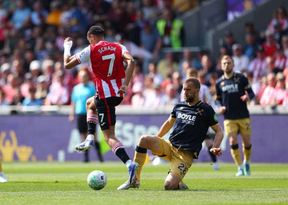 2nd May 2026; Gtech Community Stadium, Brentford, London, England; Premier League Football, Brentford versus West Ham United; Tomas Soucek of West Ham United challenges Kevin Schade of Brentford JPxFletcher