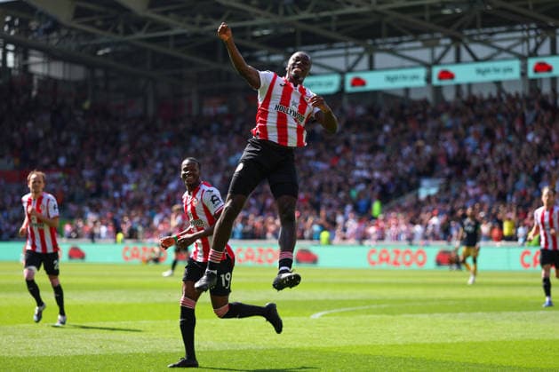 2nd May 2026; Gtech Community Stadium, Brentford, London, England; Premier League Football, Brentford versus West Ham United; Michael Kayode of Brentford celebrates scoring his sides 1st goal in the 15th minute to make it 1-0 but was ruled an own goal from Konstantinos Mavropanos of West Ham United JPxFletcher