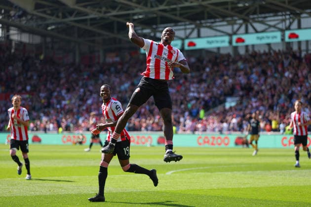 2nd May 2026; Gtech Community Stadium, Brentford, London, England; Premier League Football, Brentford versus West Ham United; Michael Kayode of Brentford celebrates scoring his sides 1st goal in the 15th minute to make it 1-0 but was ruled an own goal from Konstantinos Mavropanos of West Ham United JPxFletcher