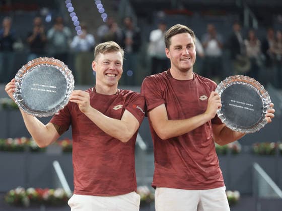 Alberto Simon Harri Heliovaara and Henry Patten pose with the winners trophies during the awards ceremony for the men s doubles final of the Mutua Madrid Open tennis tournament at the Caja Magica in Madrid on May 2, 2026. Copyright: xALBERTOxSIMONx AgenciaxLOFx