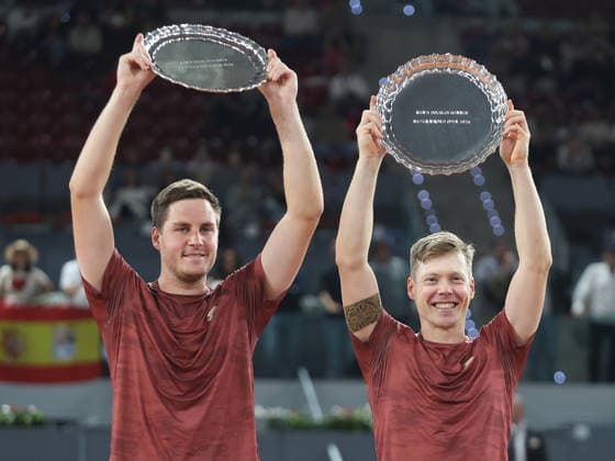Alberto Simon Harri Heliovaara and Henry Patten pose with the winners trophies during the awards ceremony for the men s doubles final of the Mutua Madrid Open tennis tournament at the Caja Magica in Madrid on May 2, 2026. Copyright: xALBERTOxSIMONx AgenciaxLOFx