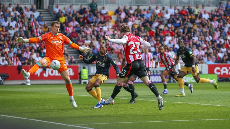 LONDON, ENGLAND - MAY 02: Goalkeeper Mads Hermansen of West Ham United saves goal bound effort by Keane Lewis-Potter of Brentford during the Premier League match between Brentford and West Ham United at Gtech Community Stadium on May 02, 2026 in London, England. Copyright: xJayxPatel SPPx Sportspressphoto_SPR139595