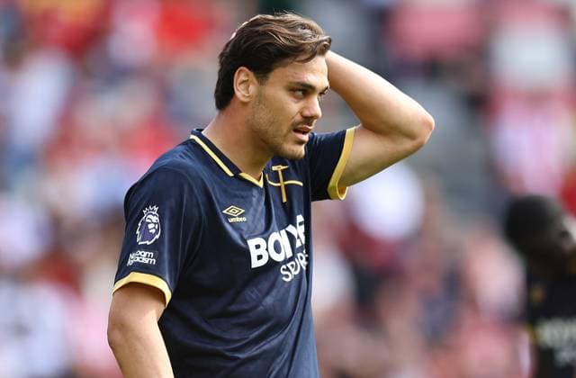 Konstantinos Mavropanos of West Ham United reacts Brentford v West Ham United, Premier League, Football, Gtech Community Stadium, London , UK - 02 May 2026London Gtech Community Stadium United Kingdom EDITORIAL USE ONLY No use with unauthorised audio, video, data, fixture lists, club league logos or live services. Online in-match use limited to 120 images, no video emulation. No use in betting, games or single club league player publications. Copyright: xMichaelxZemanek Shutterstockx 16854504s