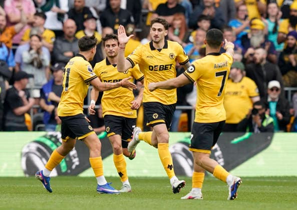 Wolverhampton, England, 2nd May 2026. Santiago Bueno of Wolverhampton Wanderers (C) celebrates after scoring during the Wolverhampton Wanderers vs Sunderland Premier League match at Molineux, Wolverhampton. Picture credit should read: Andrew Yates Sportimage EDITORIAL USE ONLY. No use with unauthorised audio, video, data, fixture lists, club league logos or live services. Online in-match use limited to 120 images, no video emulation. No use in betting, games or single club league player publications. SPI_026_AY_WOLVES_SUNDERLAND SPI-4772-0025