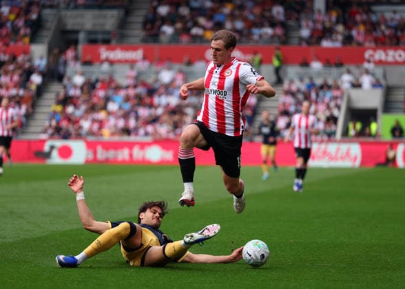 2nd May 2026; Gtech Community Stadium, Brentford, London, England; Premier League Football, Brentford versus West Ham United; Konstantinos Mavropanos of West Ham United challenges Yehor Yarmoliuk of Brentford JPxFletcher