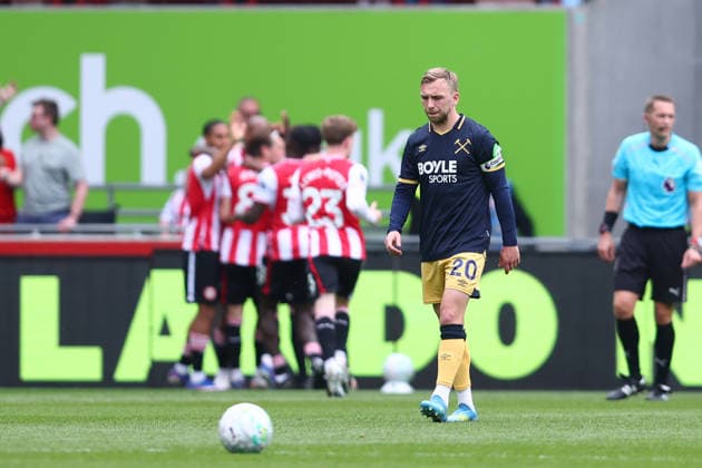 London, England, 2nd May 2026. Jarrod Bowen of West Ham United looks dejected after Igor Thiago of Brentford scores to make it 2-0 during the Brentford vs West Ham United Premier League match at Gtech Community Stadium, London. Picture credit should read: Paul Terry Sportimage EDITORIAL USE ONLY. No use with unauthorised audio, video, data, fixture lists, club league logos or live services. Online in-match use limited to 120 images, no video emulation. No use in betting, games or single club league player publications. SPI_030_PT_Brentford_West_Ham SPI-4773-0028