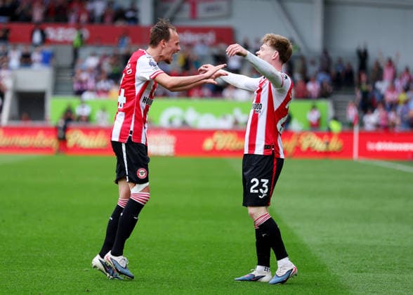 2nd May 2026; Gtech Community Stadium, Brentford, London, England; Premier League Football, Brentford versus West Ham United; Mikkel Damsgaard of Brentford celebrates with Keane Lewis-Potter of Brentford after scoring his sides 3rd goal in the 82nd minute to make it 3-0 JPxFletcher