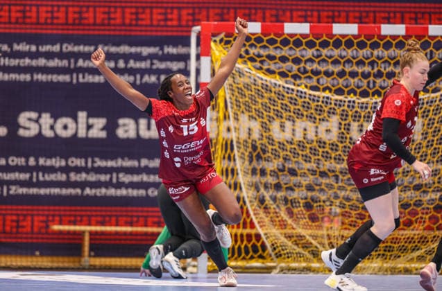 GER, Bensheim, HSG Bensheim Auerbach Flames vs Borussia Dortmund, Alsco Handball Bundesliga Frauen, Handball, DHB, Spielzeit 2025 2026, Weststadthalle Bensheim, Playoff Halbfinale, 2. Spiel im Bild: Ndidi Agwunedu (HSG Bensheim Auerbach Flames Frauen 15), Jubel, Freude und Emotionen nach dem Tor DFB DFL REGULATIONS PROHIBIT ANY USE OF PHOTOGRAPHS AS IMAGE SEQUENCES AND OR QUASI-VIDEO, 02.05.2026 Copyright: HMBxMedia HendrikxHamelau