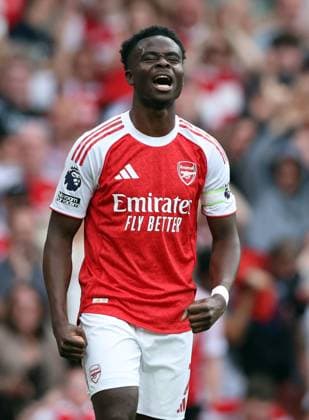 Bukayo Saka of Arsenal celebrates the opening goal Arsenal v Fulham, Premier League, Football, Emirates Stadium, London , UK - 02 May 2026London Emirates Stadium United Kingdom EDITORIAL USE ONLY No use with unauthorised audio, video, data, fixture lists, club league logos or live services. Online in-match use limited to 120 images, no video emulation. No use in betting, games or single club league player publications. Copyright: xKieranxMcManus Shutterstockx 16854568i