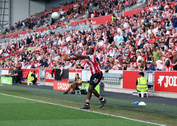 2nd May 2026; Gtech Community Stadium, Brentford, London, England; Premier League Football, Brentford versus West Ham United; Michael Kayode of Brentford taking a long throw JPxFletcher