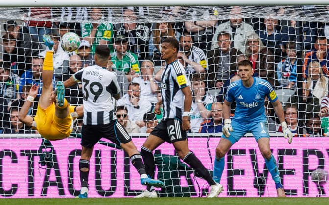 2nd May 2026; St James Park, Newcastle, England; Premier League Football, Newcastle United versus Brighton and Hove Albion; Charalampos Kostoulas of Brighton attempts an overhead kick WMxSportsxMedia