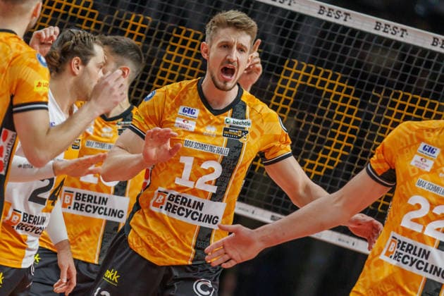 02.05.26, Berlin, Volleyball, Finale, 2. Spieltag, Berlin Recycling Volleys - SVG Lüneburg. Florian Krage (BR Volleys) jubelt nach dem Punktgewinn. Finale, 2. Spieltag, Berlin Recycling Volleys - SVG Lüneburg