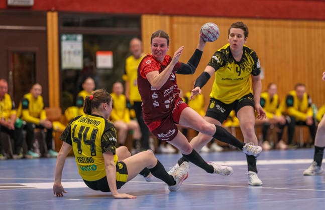 GER, Bensheim, HSG Bensheim Auerbach Flames vs Borussia Dortmund, Alsco Handball Bundesliga Frauen, Handball, DHB, Spielzeit 2025 2026, Weststadthalle Bensheim, Playoff Halbfinale, 2. Spiel im Bild v.l.: Lara Egeling (Borussia Dortmund 44), Amelie Berger (HSG Bensheim Auerbach Flames Frauen 3) DFB DFL REGULATIONS PROHIBIT ANY USE OF PHOTOGRAPHS AS IMAGE SEQUENCES AND OR QUASI-VIDEO, 02.05.2026 Copyright: HMBxMedia HendrikxHamelau