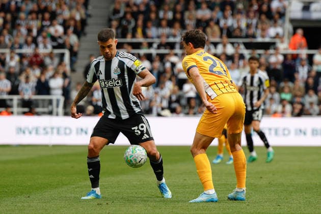 Newcastle United v Brighton & Hove Albion, Premier League Bruno Guimaraes of Newcastle United is closed down by Olivier Boscagli of Brighton & Hove Albion during the Newcastle United v Brighton & Hove Albion Premier League match at St. James Park, Newcastle Upon Tyne, England on 2 May 2026 Credit: Craig Cowan Every Second Media Editorial use only. All images are copyright Every Second Media Limited. No images may be reproduced without prior permission. All rights reserved. Premier League and Football League images are subject to licensing agreements with Football DataCo Limited. see https: www.football-dataco.com Copyright: xIMAGO EveryxSecondxMediax ESM-1970-0146 CraigxCowanx xEveryxSecondxMediax