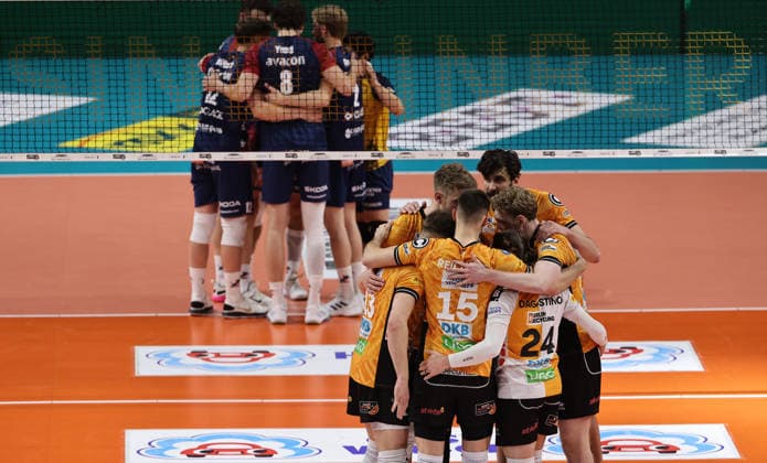 BR Volleys jubeln nach Satzgewinn Volleyball Bundesliga Herren Play Off Finale 2.Spiel Saison 2025 2026 02.05.2026 BR Volleys Berlin BRV vs SVG Lüneburg