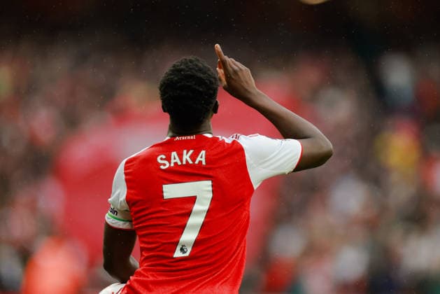 Premier League 2025 26 Arsenal v Fulham FC Emirates Stadium 02.05.2026 Bukayo Saka of Arsenal scores and celebrates 2-0 Premier League 2025 26 Arsenal v Fulham FC Emirates Stadium 02.05.2026 Photograph By Marc Aspland The Times  Copyright: xMarcxAsplandx NINTCHDBPICT001077826213