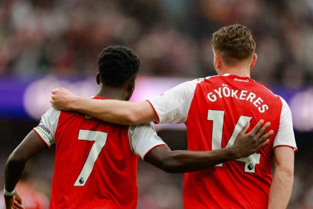 Premier League 2025 26 Arsenal v Fulham FC Emirates Stadium 02.05.2026 Bukayo Saka of Arsenal scores and celebrates with Viktor Gyökeres of Arsenal 2-0 Premier League 2025 26 Arsenal v Fulham FC Emirates Stadium 02.05.2026 Photograph By Marc Aspland The Times  Copyright: xMarcxAsplandx NINTCHDBPICT001077826229