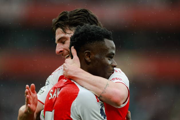 Premier League 2025 26 Arsenal v Fulham FC Emirates Stadium 02.05.2026 Bukayo Saka of Arsenal scores and celebrates with Declan Rice of Arsenal 2-0 Premier League 2025 26 Arsenal v Fulham FC Emirates Stadium 02.05.2026 Photograph By Marc Aspland The Times  Copyright: xMarcxAsplandx NINTCHDBPICT001077826720