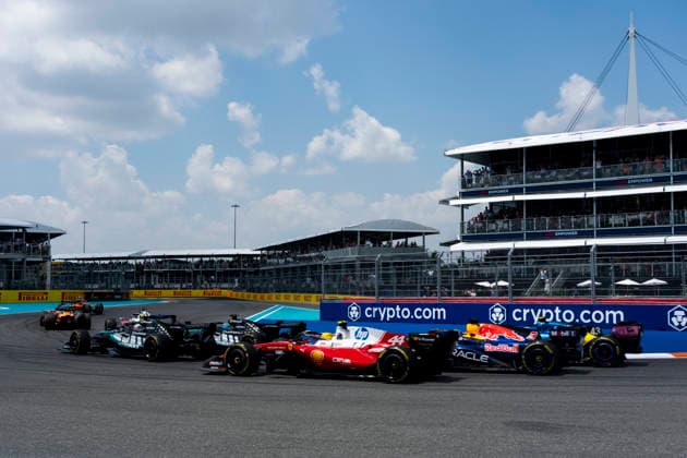 British Formula One driver Lando Norris of McLaren F1 Team leads the pack into turn one of the sprint race during the Formula One Miami Grand Prix at the Miami International Autodrome in Miami Gardens, Florida on Saturday, May 2, 2026.  MIA2026050258 GREGxNASH