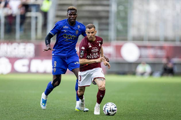 FOOTBALL : Metz FC vs AS Monaco - ligue 1 - Metz - 02 05 2026 Gauthier Hein 10 (FC Metz) et Paul Pogba 8 (AS Monaco)  Copyright: xelyxandroxcegarrax