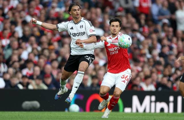 Antonee Robinson of Fulham and Martin Zubimendi of Arsenal in action Arsenal v Fulham, Premier League, Football, Emirates Stadium, London , UK - 02 May 2026London Emirates Stadium United Kingdom EDITORIAL USE ONLY No use with unauthorised audio, video, data, fixture lists, club league logos or live services. Online in-match use limited to 120 images, no video emulation. No use in betting, games or single club league player publications. Copyright: xKieranxMcManus Shutterstockx 16854568al