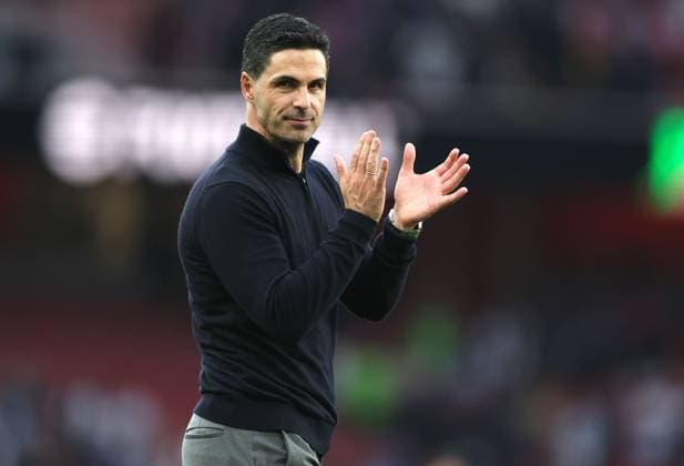 Arsenal manager Mikel Arteta celebrates at full time Arsenal v Fulham, Premier League, Football, Emirates Stadium, London , UK - 02 May 2026London Emirates Stadium United Kingdom EDITORIAL USE ONLY No use with unauthorised audio, video, data, fixture lists, club league logos or live services. Online in-match use limited to 120 images, no video emulation. No use in betting, games or single club league player publications. Copyright: xKieranxMcManus Shutterstockx 16854568ar