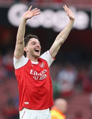 Declan Rice of Arsenal celebrates at full time Arsenal v Fulham, Premier League, Football, Emirates Stadium, London , UK - 02 May 2026London Emirates Stadium United Kingdom EDITORIAL USE ONLY No use with unauthorised audio, video, data, fixture lists, club league logos or live services. Online in-match use limited to 120 images, no video emulation. No use in betting, games or single club league player publications. Copyright: xKieranxMcManus Shutterstockx 16854568ao