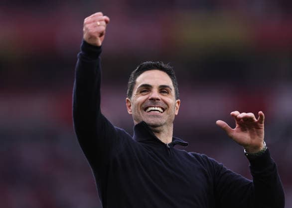 London, England, 2nd May 2026. Mikel Arteta manager of Arsenal celebrates the win during the Arsenal vs Fulham Premier League match at the Emirates Stadium, London. Picture credit should read: David Klein Sportimage EDITORIAL USE ONLY. No use with unauthorised audio, video, data, fixture lists, club league logos or live services. Online in-match use limited to 120 images, no video emulation. No use in betting, games or single club league player publications. SPI_045_DK_Arsenal_Fulham SPI-4774-0044