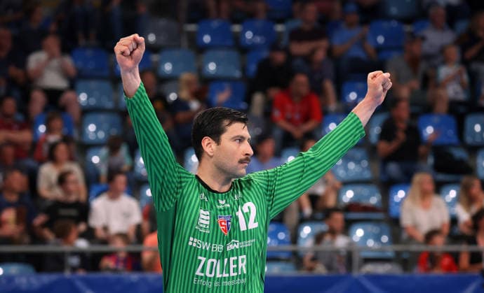 02.05.2026, Deutschland, Bietigheim, Handball 2. Bundesliga, SG BBM Bietigheim vs. VfL Eintracht Hagen, Martin Tomovski (BBM) jubelt, Jubel