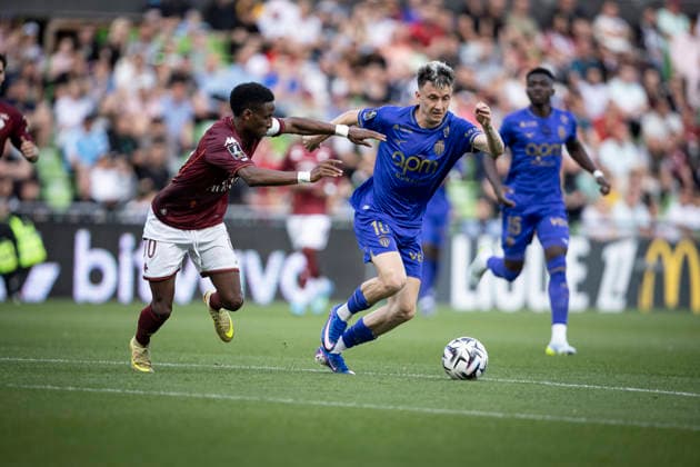 FOOTBALL : Metz FC vs AS Monaco - ligue 1 - Metz - 02 05 2026 Gauthier Hein 10 (FC Metz) et Aleksandr Golovin 10 (AS Monaco)  Copyright: xelyxandroxcegarrax