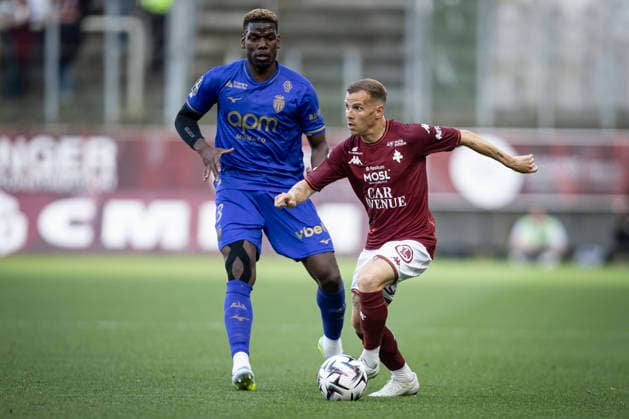 FOOTBALL : Metz FC vs AS Monaco - ligue 1 - Metz - 02 05 2026 Gauthier Hein 10 (FC Metz) et Paul Pogba 8 (AS Monaco)  Copyright: xelyxandroxcegarrax