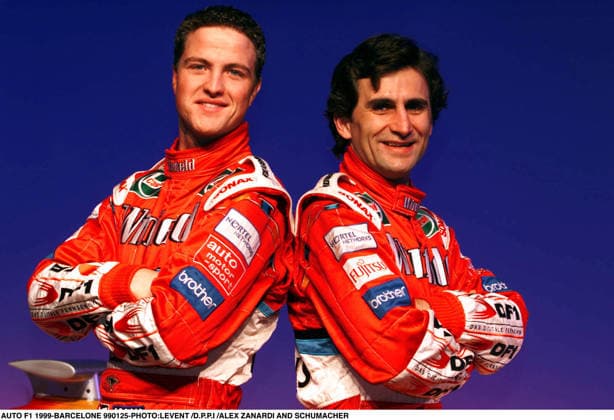F1 PRESENTATION 1999 AUTO F1 1999 - BARCELONE 990125 - PHOTO: LEVENT DPPI ALEX ZANARDI AND SCHUMACHER  Copyright: xDPPIx