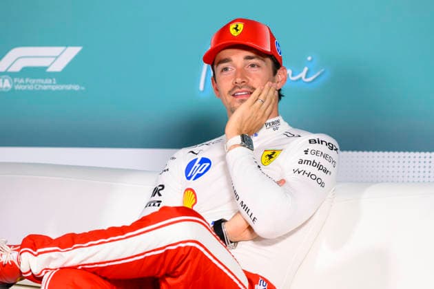 MIAMI GARDENS, FL - MAY 02: Ferrari driver Charles Leclerc of Monaco speaks to the media after the qualifying in third place for the Formula 1 Crypto.com Miami Grand Prix on May 2, 2026, at Miami International Autodrome in Miami Gardens, FL. (Photo by Doug Murray Icon Sportswire) AUTO: MAY 02 F1 Miami Grand Prix EDITORIAL USE ONLY Icon796260502086