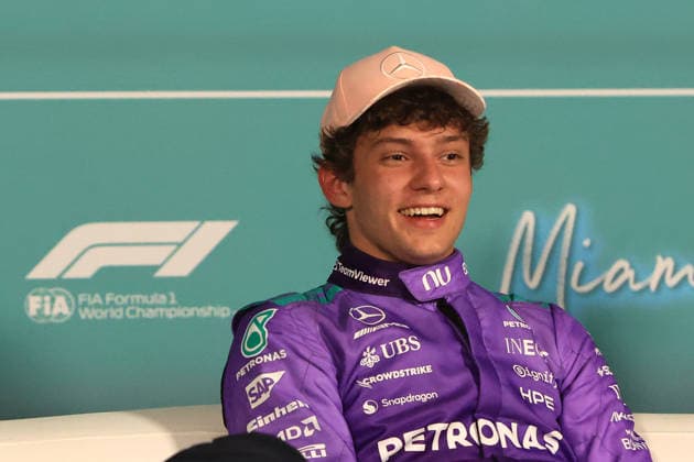 RECORD DATE NOT STATED 2nd May 2026; Miami International Autodrome, Miami, Florida, United States of America; 2026 FIA Formula 1 Miami Grand Prix; Qualifying; Kimi Antonelli (12) of Italy and Mercedes-AMG PETRONAS Formula One Team prepares to be interviewed JeffxRobinson
