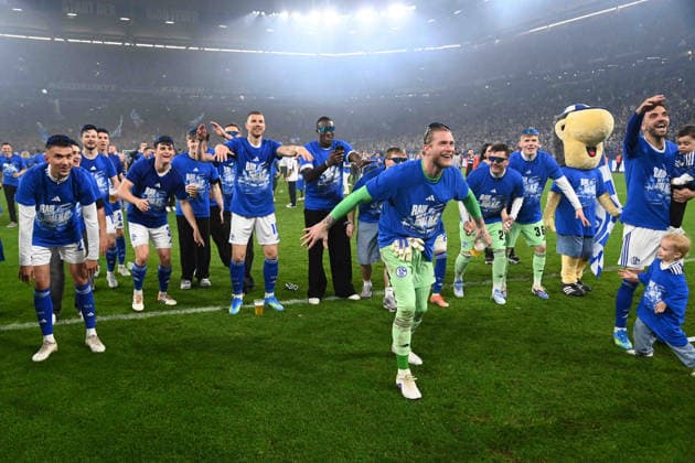 FC Schalke 04 macht die La Ola Welle, Schlussjubel, jubelnd, Jubel, Begeisterung, Freude, Emotion Schalke jubelt ueber den Aufstieg in die 1. Fussball Bundesliga, jubelnd, Jubel, Begeisterung, Freude, Emotion Fussball 2. Bundesliga, 32. Spieltag, FC Schalke 04 (GE) - Fortuna Duesseldorf (D) 1-0 am 02.05.2026 in der Veltins-Arena Gelsenkirchen Deutschland. DFL regulations prohibit any use of photographs as image sequences and or quasi-video Â