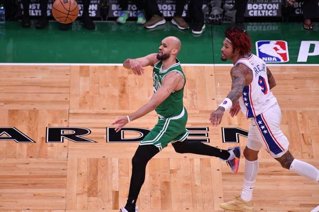 Boston Celtics v Philadelphia 76ers - NBA, Basketball Herren, USA Playoffs BOSTON, UNITED STATES - MAY 02: Derrick White (9) of Boston Celtics throws a pass during a match between the Boston Celtics face the Philadelphia 76ers in Game Seven of their first-round playoff series at TD Garden in Boston, Massachusetts, on May 02, 2026. Joseph Prezioso Anadolu Massachusetts United States. Editorial use only. Please get in touch for any other usage.  Copyright: x2026xAnadoluxJosephxPreziosox