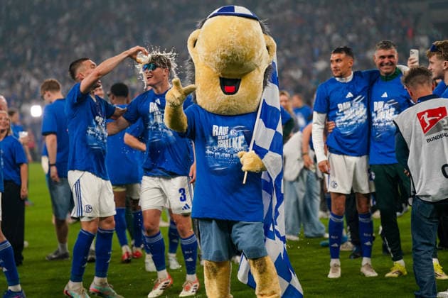Deutschland: Fussball 2. Bundesliga 2025 - 2026, 32. Spieltag - FC Schalke 04 vs Fortuna Düsseldorf - Veltins Arena (Schalke): Maskottchen Erwin, Aufstieg Bundesliga, Feier auf dem Spielfeld, Mannschaft, Spieler feiern, Bierdusche für Dylan Leonard (Schalke 04, 3) Jubel, Emotionen, Meisterfeier, blau weiße Shirts, Rauf geht™s Schalke, Fahne, Stadionhintergrund, Fußball, 2. Bundesliga, Matchday, Party, Teamspirit, Crowd, Sportevent