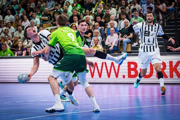 02.05.2026, xovx, Handball Daikin Handball Bundesliga, HSG Wetzlar - THW Kiel v.l. Rasmus Ankermann (THW Kiel), Niklas Theiß (HSG Wetzlar), Josip Simic (HSG Wetzlar), Domagoj Duvnjak (THW Kiel) Wetzlar Buderus-Arena Hessen Deutschland (DE)