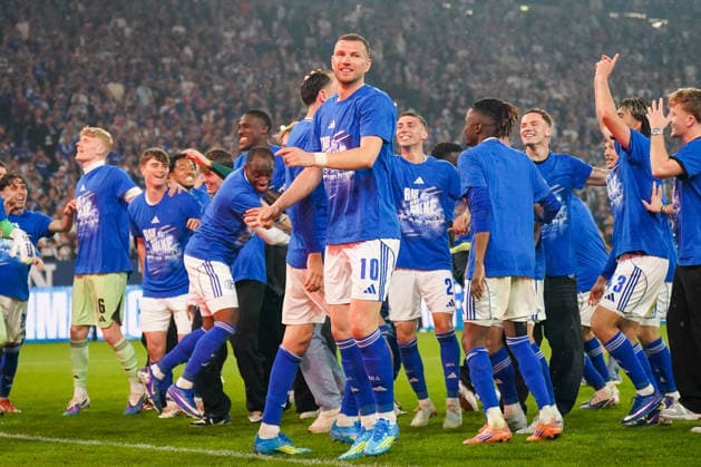Deutschland: Fussball 2. Bundesliga 2025 - 2026, 32. Spieltag - FC Schalke 04 vs Fortuna Düsseldorf - Veltins Arena (Schalke): Edin DÅ¾eko Edin Dzeko (Schalke 04, 10) Freude, Emotionen, Jubel