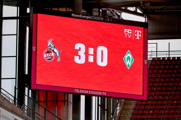 02.05.2026, xsscx, Frauen Fussball, 1. FC Köln - Werder Bremen, 1. Fussball Bundesliga, 24. Spieltag, RheinEnergie-Stadion, Saison 2025 2026: Anzeigetafel mit dem Endstand 3:0 DFB regulations prohibit any use of photographs as image sequences and or quasi-video. Photo: xSandraxScherningxPressefotoKochx Nordrhein-Westfalen Germany