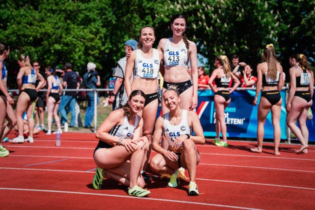 DM: Langstaffeln Celle, 03.05.2026 SCC Berlin wird deutsche Meisterinnen der 4x400m, 415, Lena LEEGE, 418, Michelle JANIAK, 419, Nadine REETZ, 413, Jasmin BRAYSHAW ; Leichtathletik, Deutsche Meisterschaften, Langstaffeln, Celle am 03.05.2026 im Otto-Schade-Stadion, Celle *** DM Long Relays Celle, 03 05 2026 SCC Berlin becomes German Champion of the 4x400m, 415, Lena LEEGE, 418, Michelle JANIAK, 419, Nadine REETZ, 413, Jasmin BRAYSHAW Athletics, German Championships, Long Relays, Celle on 03 05 2026 at Otto Schade Stadium, Celle Copyright: xBEAUTIFULxSPORTS Tonhäuserx