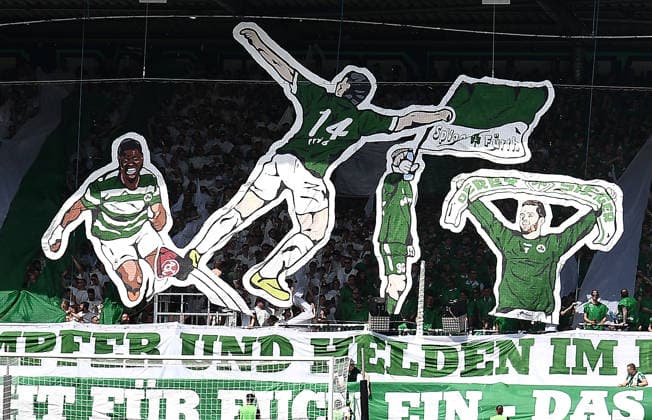 03.05.2026, xhbx, Fussball 2.Bundesliga, SpVgg Greuther Fuerth - 1.FC Nürnberg v.l. Fans, Anhänger, Choreo, Fahne, Banner, Schal von Spvgg. Greuther Fuerth (DFL DFB REGULATIONS PROHIBIT ANY USE OF PHOTOGRAPHS as IMAGE SEQUENCES and or QUASI-VIDEO) Fuerth