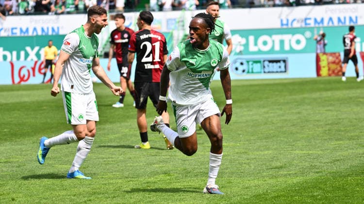 03.05.2026 - Fussball - Saison 2025 2026 - 2. Fussball - Bundesliga - Derby Frankenderby - 32. Spieltag: SpVgg Greuther Fürth ( Kleeblatt ) - 1. FC Nürnberg FCN ( Club ) - Sportfoto Zink - xwoxzix - DFL regulations prohibit any use of photographs as image sequences and or quasi-video - only for editorial use - Torjubel Jubel Freude nach Treffer Tor Torschuß zum 1:0 durch Noel Futkeu (9, SpVgg Greuther Fürth ) -