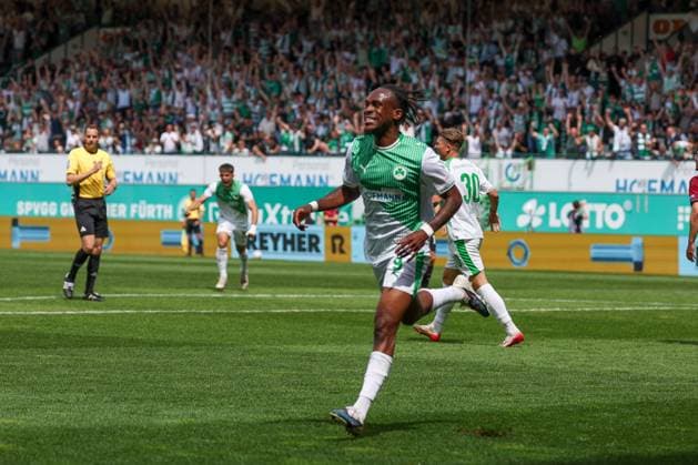 Jubel bei Noel Futkeu 9 (Spvgg Greuther Fuerth) nach seinem Tor zum 1:0, Emotion, Freude, SpVgg Greuther Fuerth vs. 1. FC Nuernberg, Fussball, Maenner, 2. Bundesliga, DFL, Saison 2025 2026, 32. Spieltag, Rueckrunde, 03.05.2026 DFB regulations prohibit any use of photographs as image sequences and or quasi-video Fuerth Bayern Deutschland