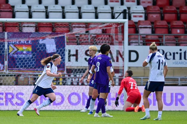 Signe Gaupset of Tottenham Hotspur Women score the opening goal during the Women s Super League match between Tottenham Hotspur Women and London City Lionesses at the Brisbane Road, London, England on 3 May 2026. Copyright: xPhilxHutchinsonx 44910011