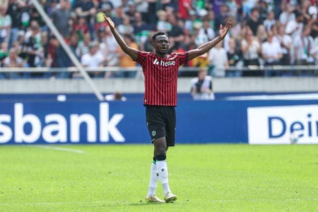 2. Bundesliga - Hannover 96 - SC Preußen Münster am 03.05.2026 in der Heinz von Heiden Arena in Hannover Jubel, Torjubel, Torschuetze, Torschütze Mustapha Bundu Shong Hames (Hannover 7) jubelt nach seinem Tor zum 2 zu 2