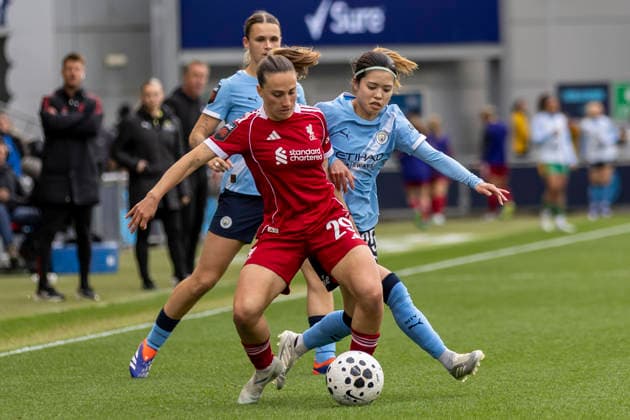 RECORD DATE NOT STATED 3rd May 2026; Joie Stadium, Manchester, England; Womens Super League Football, Manchester City versus Liverpool; Aurelie Csillag of Liverpool Women is tackled by Yui Hasegawa of Manchester City Women TimxWilliams