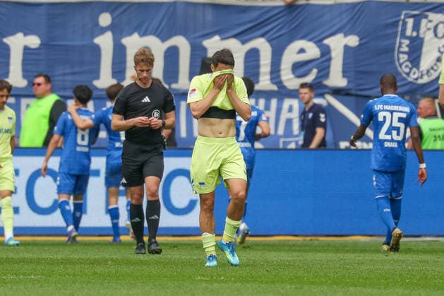 03.05.2026, xgox, Fussball - 2.Bundesliga 1.FC Magdeburg - Hertha BSC Berlin emspor, v.l. Josip Brekalo (Hertha, 7) enttaeuscht, schaut enttaeuscht, niedergeschlagen, disappointed (DFL DFB REGULATIONS PROHIBIT ANY USE OF PHOTOGRAPHS as IMAGE SEQUENCES and or QUASI-VIDEO) Magdeburg